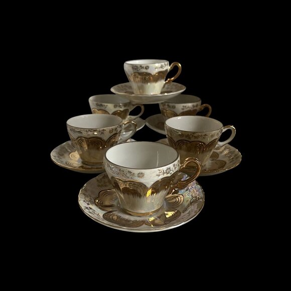 Vintage Sterling China Floral Gold Opalescent Demitasse Set Of 6 Cups & Saucers - Picture 7 of 9